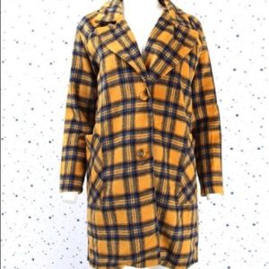 Single Breasted Plaid Pea Coat Jacket Mustard/Blue
